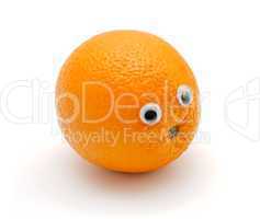 Funny orange fruit with eyes on white background