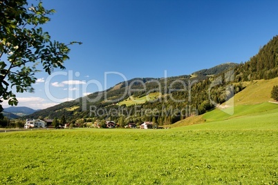 Alpine chalets and meadows under the mountains