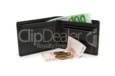 Black wallet and euro banknotes and coins