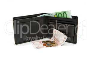 Black wallet and euro banknotes and coins