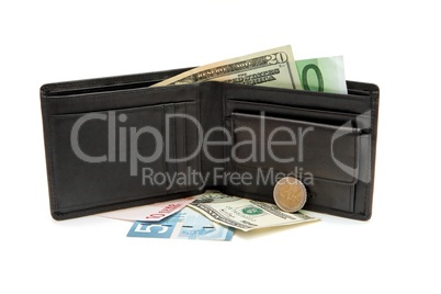 Black wallet, banknotes and coins