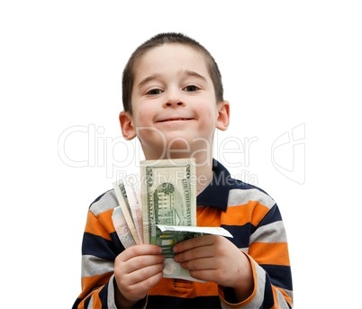 Cute little boy holds a fan of banknotes