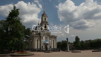 Cathedral in the background moving clouds