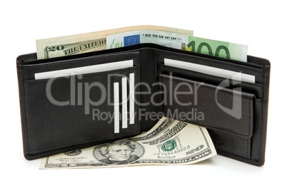 Black wallet with business cards and banknotes on white background