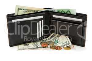Black wallet, banknotes and coins on white background