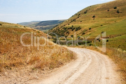 Countryside road bends among yellow autumn hills
