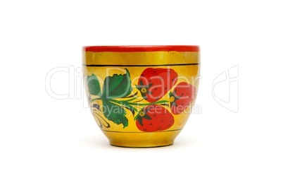 Wooden Russian khokhloma cup painted with strawberries isolated