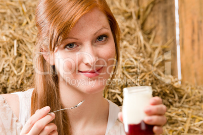 Young healthy woman enjoy natural yogurt country