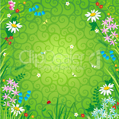 Floral background with wildflowers and green swirly backdrop