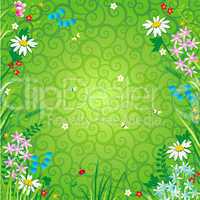 Floral background with wildflowers and green swirly backdrop