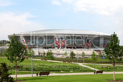 Football stadium in the background moving clouds. Donbass Arena.