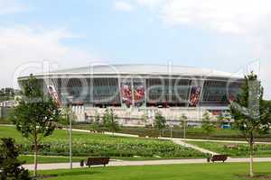 Football stadium in the background moving clouds. Donbass Arena.