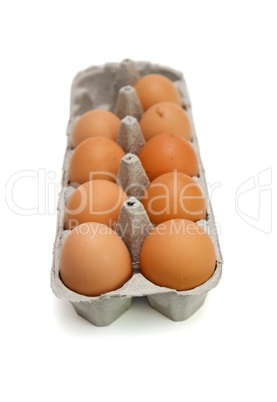 Nine brown eggs in a paper box isolated