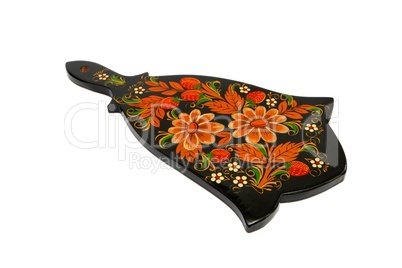 Russian traditional black cutting board painted with flowers isolated