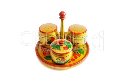 Russian wooden painted saltcellar, pepperbox and sugar basin isolated