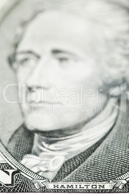 Close up of President Hamilton on ten dollar bill United States,