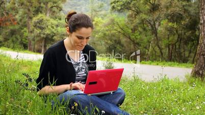 beautiful girl using computer in countryside, phaeton passing behind