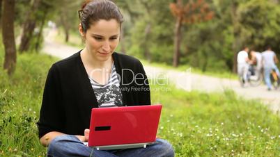 beautiful girl using computer in countryside, phaeton passing behind 2
