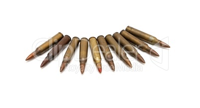 Arch of spread M16 cartridges isolated on white background