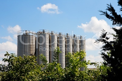 Twelve high metal tower silos on chemical plant behind the trees