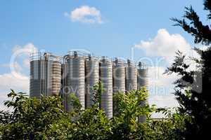 Twelve high metal tower silos on chemical plant behind the trees