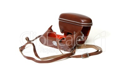 Empty red leather case of vintage photo camera  isolated