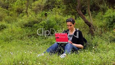 beautiful girl using computer in countryside 2