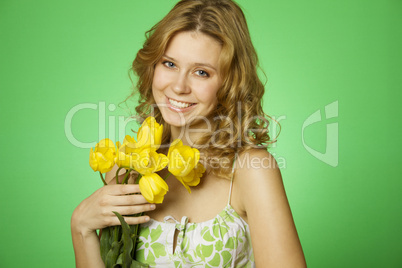 Happy Young Woman Hugging Flower