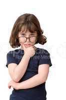 Thoughtful little girl in round spectacles rests her head on her hand isolated
