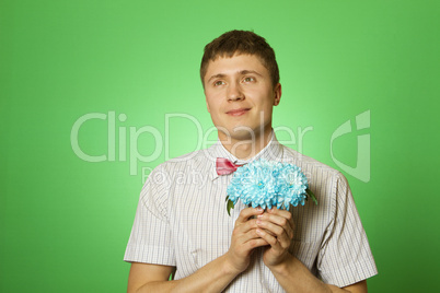 Parody lover man "nerd" with a bouquet of flowers