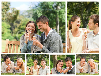 Collage of lovely couples eating ice creams in a park