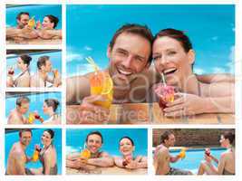 Collage of a lovely couple drinking cocktails in a swimming pool