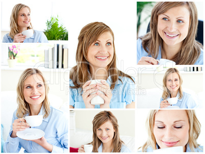 Collage of two blonde women enjoying some coffee at home