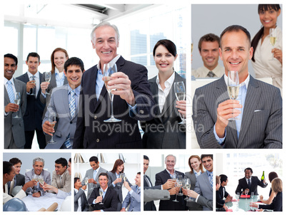 Collage of business people celebrating success with champagne