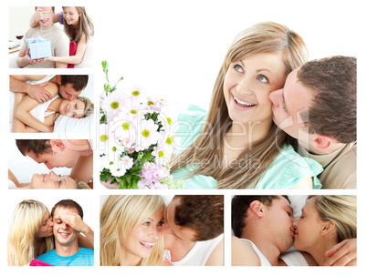 Collage of lovely couples embracing and kissing