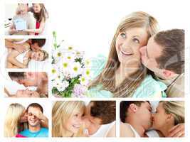 Collage of lovely couples embracing and kissing