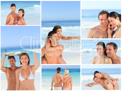 Collage of lovely couples having fun on a beach