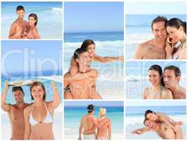 Collage of lovely couples having fun on a beach