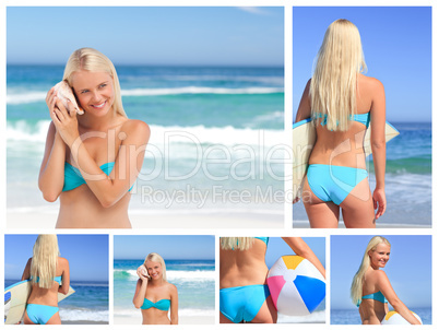Collage of an attractive blonde woman posing on a beach