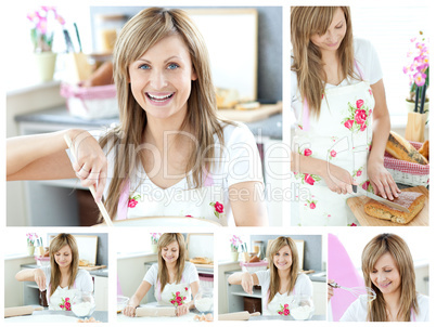 Collage of a beautiful woman cooking at home