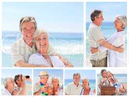 Collage of an elderly couple enjoying moments on a beach