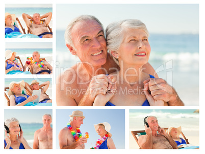 Collage of an elderly couple spending time together on a beach
