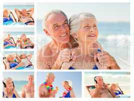 Collage of an elderly couple spending time together on a beach