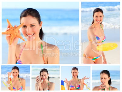 Collage of a pretty brunette woman enjoying the moment on a beac