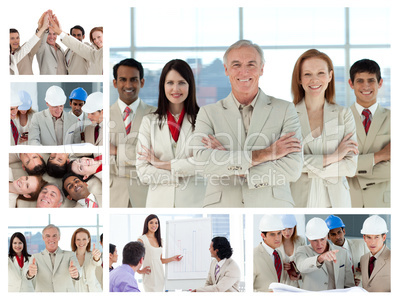 Collage of business people posing and enjoying working at the of