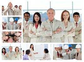Collage of business people posing and enjoying working at the of