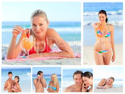 Collage of lovely couples and attractive women on a beach