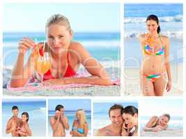 Collage of lovely couples and attractive women on a beach