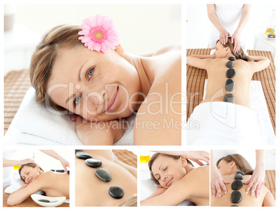 Collage of a young girl being massaged