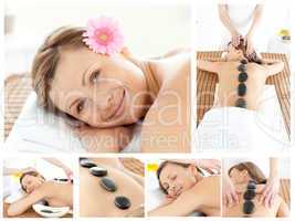 Collage of a young girl being massaged